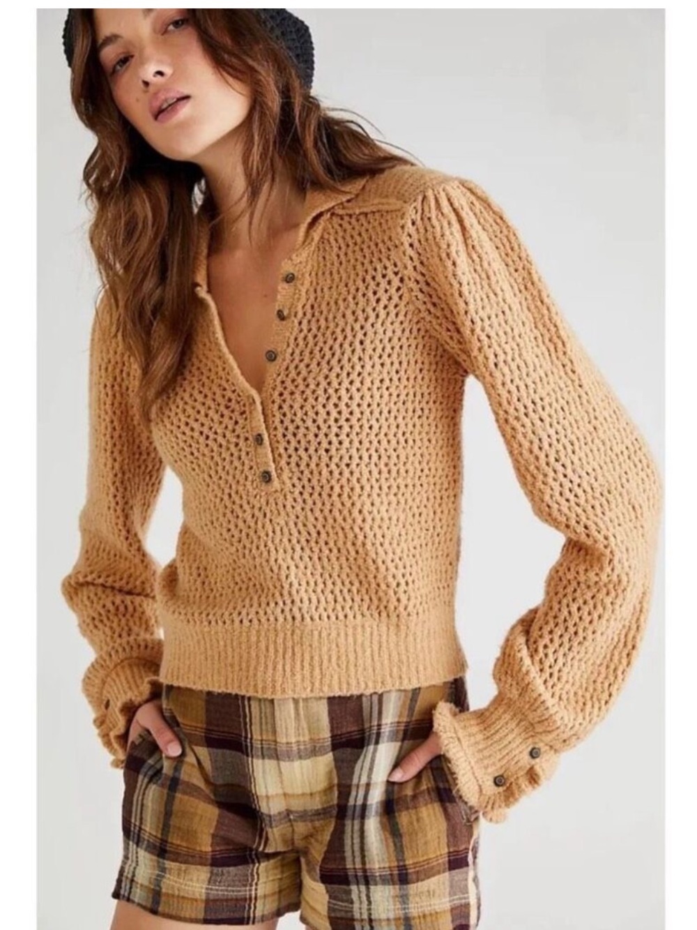 Free People Care FP Snowdrift Pullover Sweater in Camel Heather